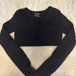 Garage Black Ribbed V-Neck Long Sleeve Crop Top